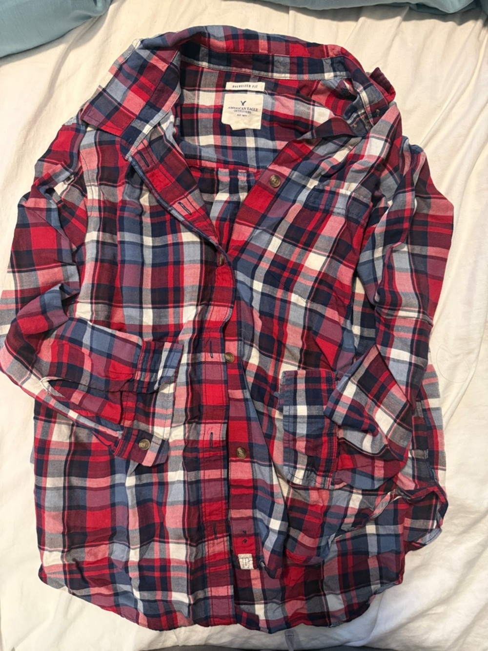 American Eagle Outfitters Red Navy White Plaid Oversized Button-Up